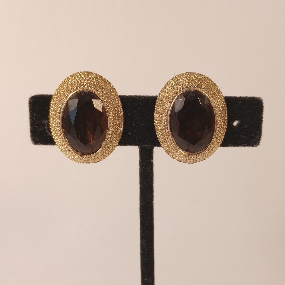 Vintage Emmons clip on earrings gold tone Faux Amber Smokey Quartz